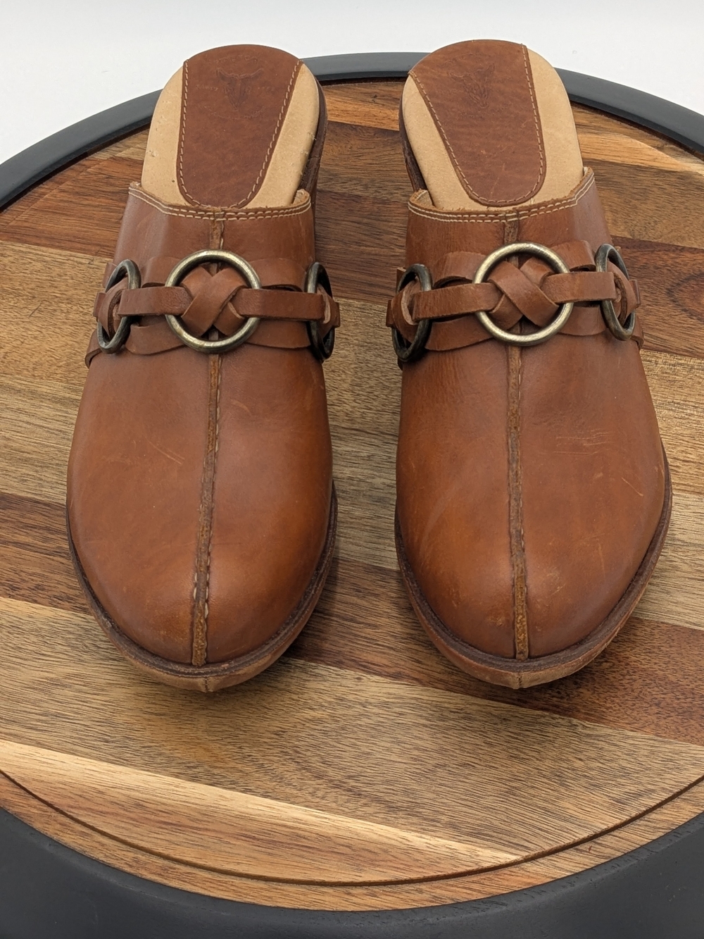 Frye Brown Leather Ring Hardware Mule Clogs Western Block Heel Size 9
